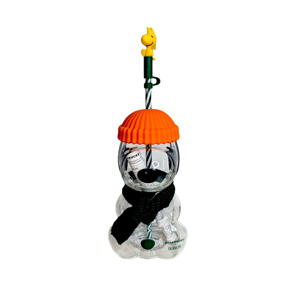 Starbucks Peanuts Snoopy Glass Cold Cup Woodstock Straw Topper Orange Hat 20oz